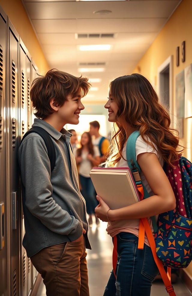 A heartwarming scene of a high school boy and girl falling in love, captured in a sunlit school hallway