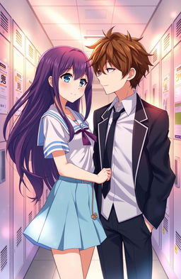 An emotional scene featuring an anime girl and boy in a high school setting
