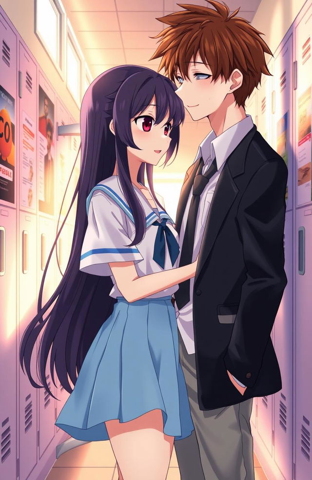 An emotional scene featuring an anime girl and boy in a high school setting