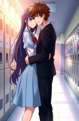 An emotional scene featuring an anime girl and boy in a high school setting