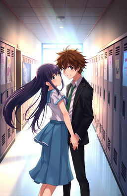 An emotional scene featuring an anime girl and boy in a high school setting