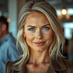 A captivating woman in her 30s with striking light blonde hair and enchanting light blue eyes, exuding an aura of confidence and allure