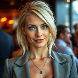 A captivating woman in her 30s with striking light blonde hair and enchanting light blue eyes, exuding an aura of confidence and allure