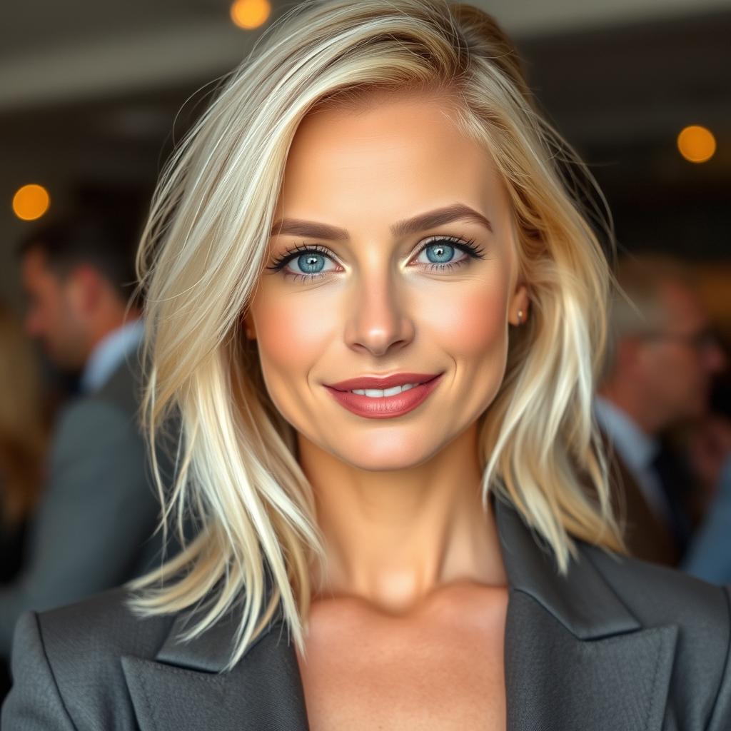 A captivating woman in her 30s with striking light blonde hair and enchanting light blue eyes, exuding an aura of confidence and allure