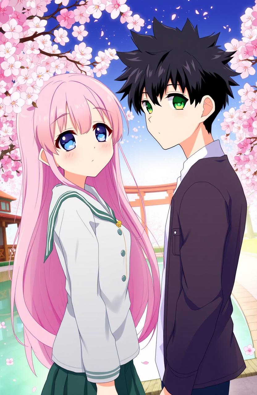 A beautifully illustrated anime scene featuring a girl and a boy, both in modern Japanese clothing, looking longingly at each other from a distance in a cherry blossom park