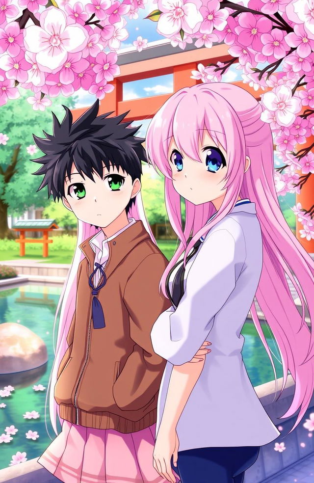 A beautifully illustrated anime scene featuring a girl and a boy, both in modern Japanese clothing, looking longingly at each other from a distance in a cherry blossom park