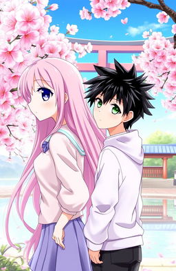 A beautifully illustrated anime scene featuring a girl and a boy, both in modern Japanese clothing, looking longingly at each other from a distance in a cherry blossom park