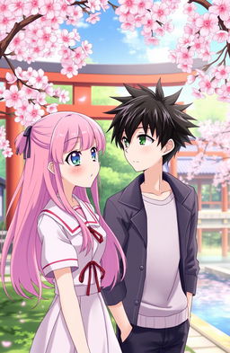 A beautifully illustrated anime scene featuring a girl and a boy, both in modern Japanese clothing, looking longingly at each other from a distance in a cherry blossom park