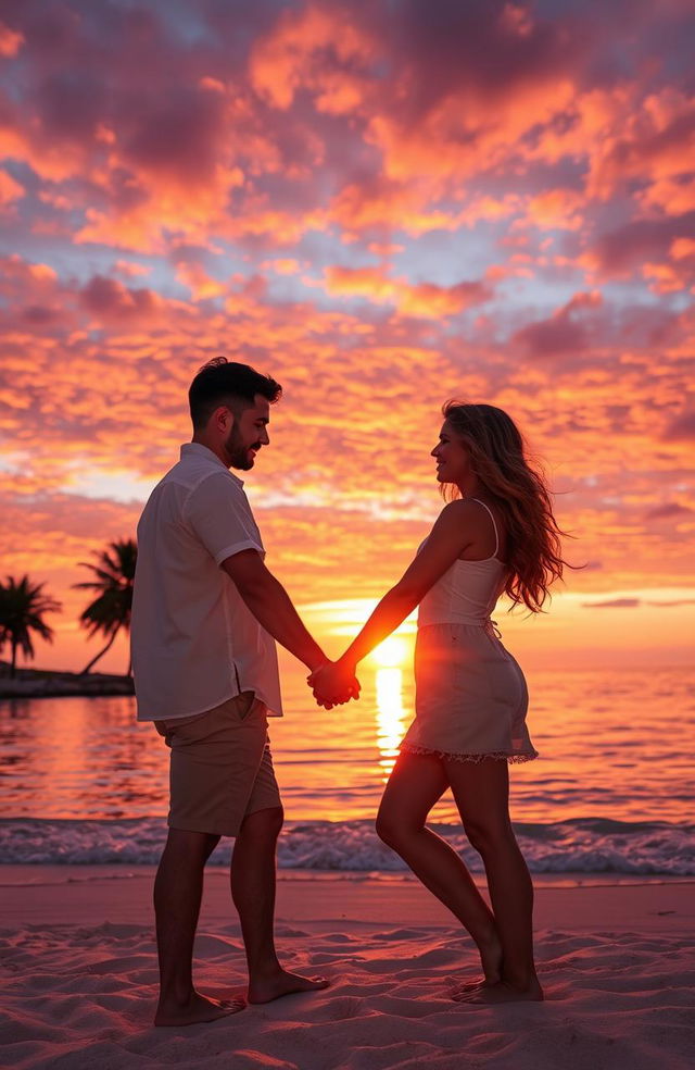 A romantic scene of a couple embracing on a beach during a stunning sunset