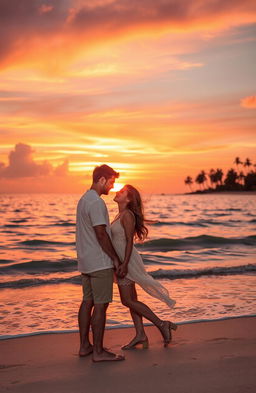 A romantic scene of a couple embracing on a beach during a stunning sunset