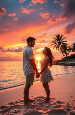 A romantic scene of a couple embracing on a beach during a stunning sunset