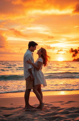 A romantic scene of a couple embracing on a beach during a stunning sunset