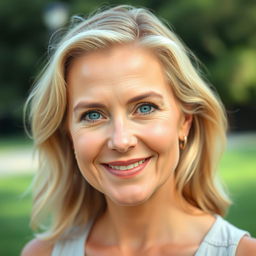 A beautiful woman over 35 with natural light blonde hair and soft light blue eyes, showcasing her authentic beauty without any makeup
