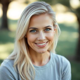 A beautiful woman over 35 with natural light blonde hair and soft light blue eyes, showcasing her authentic beauty without any makeup