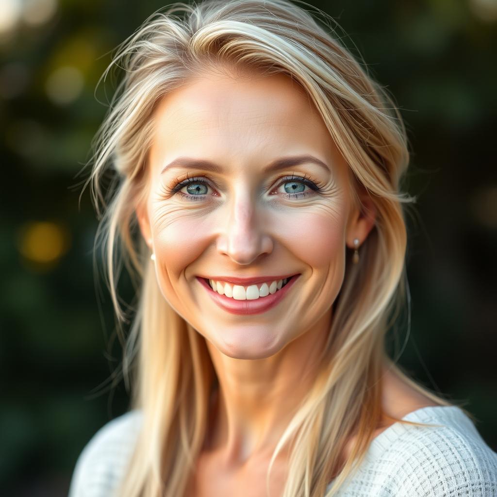 A beautiful woman over 35 with natural light blonde hair and soft light blue eyes, showcasing her authentic beauty without any makeup