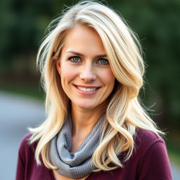 A beautiful woman over 35 with natural light blonde hair and soft light blue eyes, showcasing her authentic beauty without any makeup