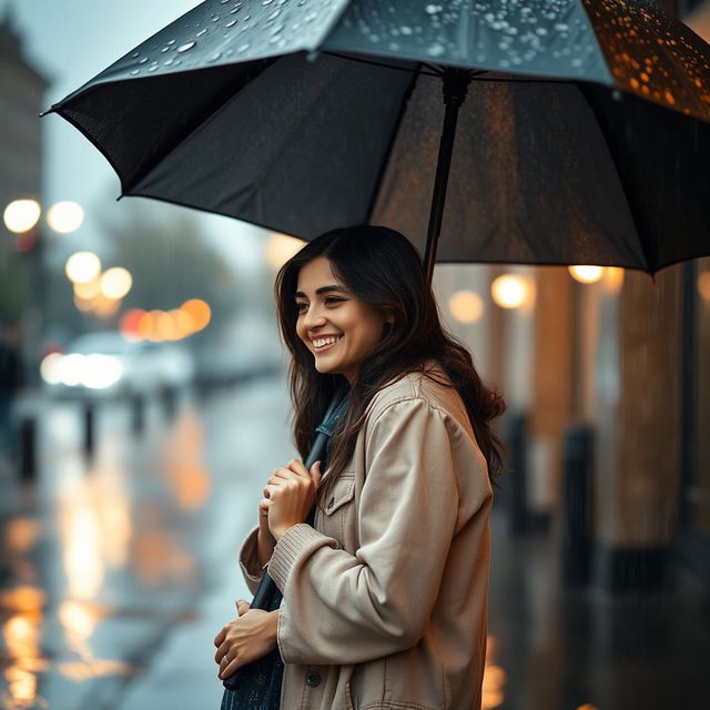 A tender scene of a couple sharing an intimate moment under a large umbrella in the rain