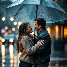 A tender scene of a couple sharing an intimate moment under a large umbrella in the rain