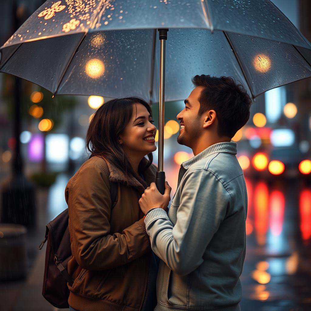 A tender scene of a couple sharing an intimate moment under a large umbrella in the rain