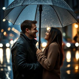 A tender scene of a couple sharing an intimate moment under a large umbrella in the rain