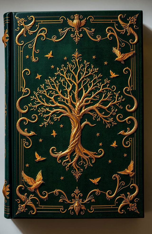 A mysterious book cover featuring a rich green background adorned with intricate golden details