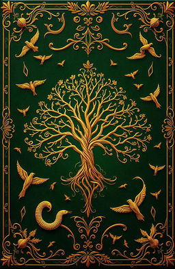 A mysterious book cover featuring a rich green background adorned with intricate golden details