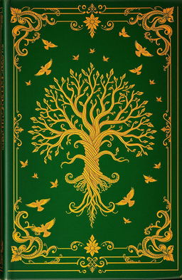 A mysterious book cover featuring a rich green background adorned with intricate golden details