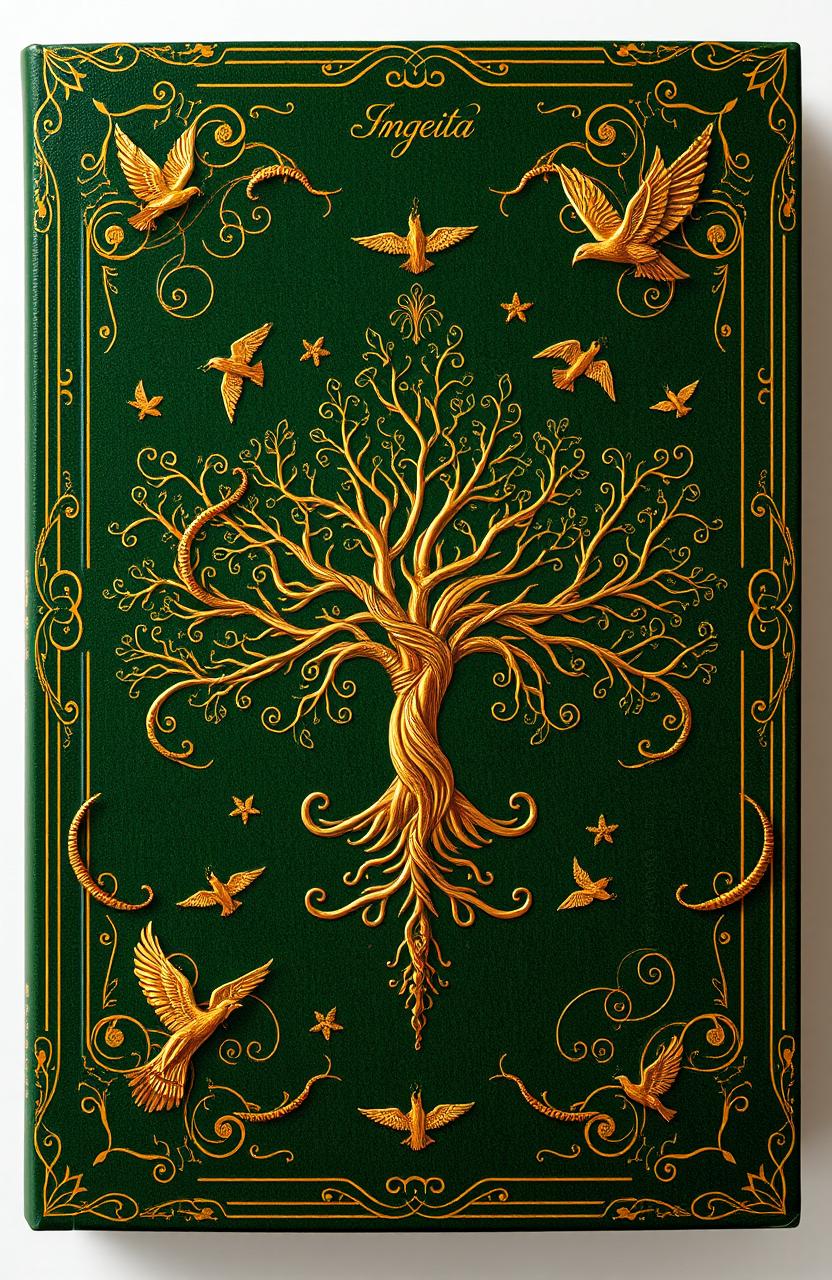 A mysterious book cover featuring a rich green background adorned with intricate golden details