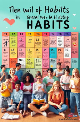 A vibrant and motivational scene depicting the transformation of habits through a 21-day journey, featuring a diverse group of people engaged in various positive activities such as exercising, cooking healthy meals, meditating, and writing in journals