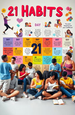 A vibrant and motivational scene depicting the transformation of habits through a 21-day journey, featuring a diverse group of people engaged in various positive activities such as exercising, cooking healthy meals, meditating, and writing in journals