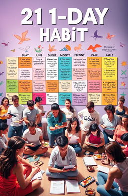 A vibrant and motivational scene depicting the transformation of habits through a 21-day journey, featuring a diverse group of people engaged in various positive activities such as exercising, cooking healthy meals, meditating, and writing in journals