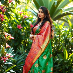 A beautiful woman draped in a vibrant saree, showcasing intricate patterns and rich colors, standing gracefully in a lush garden