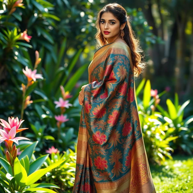 A beautiful woman draped in a vibrant saree, showcasing intricate patterns and rich colors, standing gracefully in a lush garden