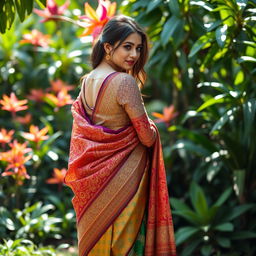 A beautiful woman draped in a vibrant saree, showcasing intricate patterns and rich colors, standing gracefully in a lush garden