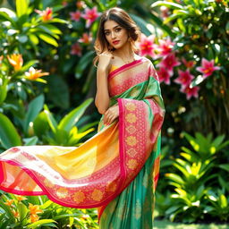 A beautiful woman draped in a vibrant saree, showcasing intricate patterns and rich colors, standing gracefully in a lush garden