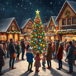 A charming town square filled with happy people celebrating Christmas, gathered around a majestic Christmas tree at the center, beautifully decorated with colorful lights and ornaments