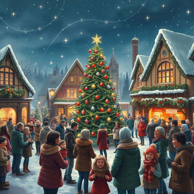 A charming town square filled with happy people celebrating Christmas, gathered around a majestic Christmas tree at the center, beautifully decorated with colorful lights and ornaments