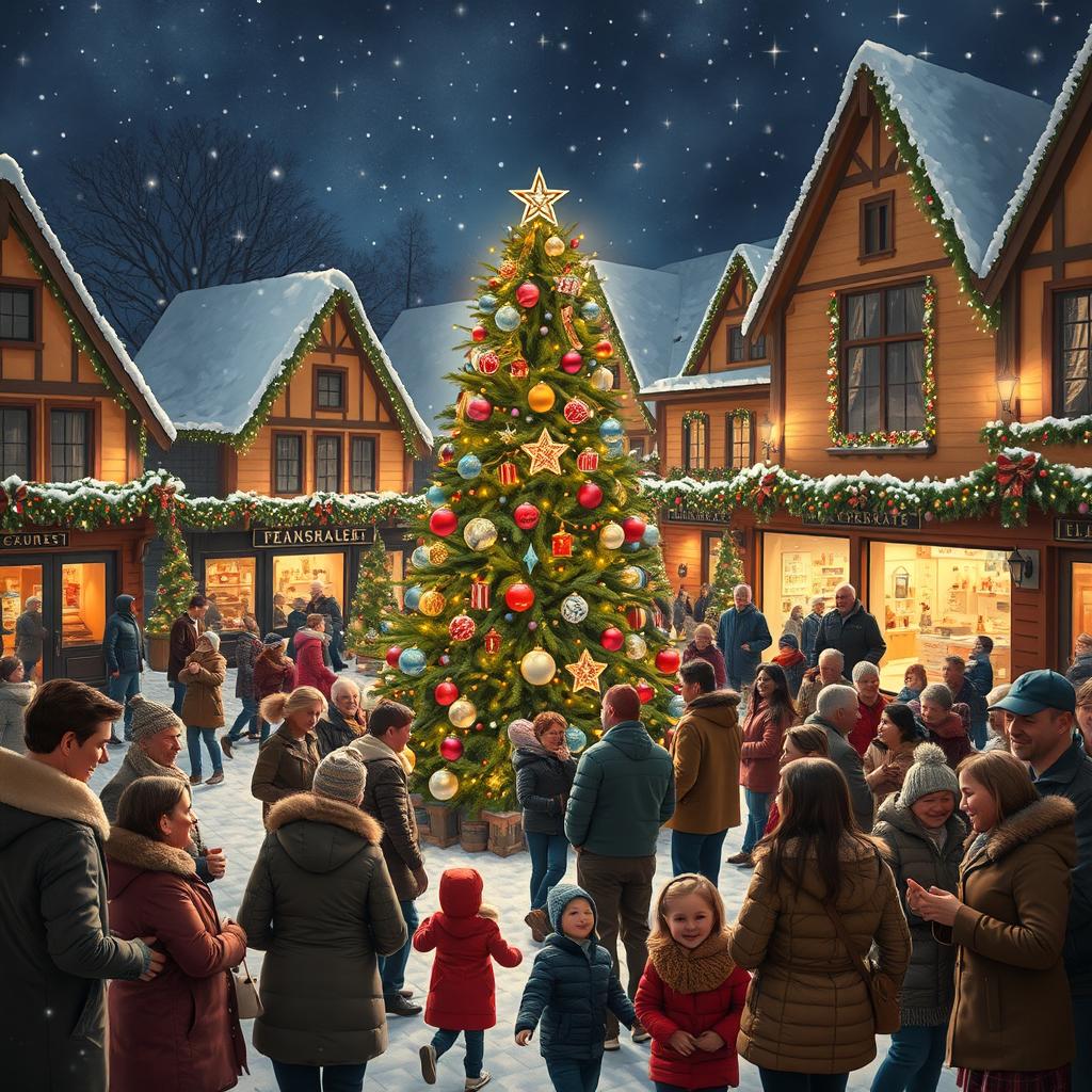 A charming town square filled with happy people celebrating Christmas, gathered around a majestic Christmas tree at the center, beautifully decorated with colorful lights and ornaments