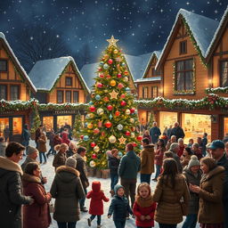 A charming town square filled with happy people celebrating Christmas, gathered around a majestic Christmas tree at the center, beautifully decorated with colorful lights and ornaments