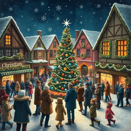 A charming town square filled with happy people celebrating Christmas, gathered around a majestic Christmas tree at the center, beautifully decorated with colorful lights and ornaments