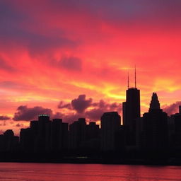 A stunning urban skyline at sunset, featuring vibrant red and orange hues painted across the sky
