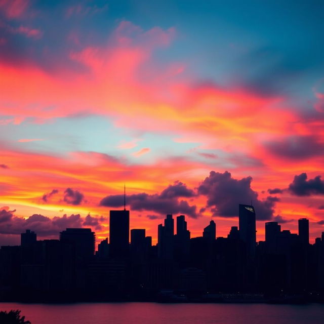 A stunning urban skyline at sunset, featuring vibrant red and orange hues painted across the sky