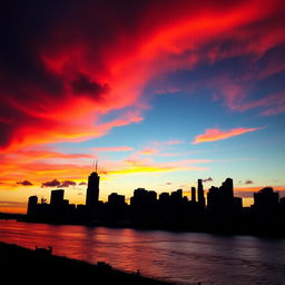 A stunning urban skyline at sunset, featuring vibrant red and orange hues painted across the sky
