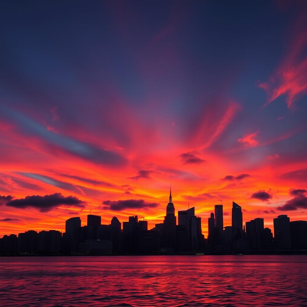 A stunning urban skyline at sunset, featuring vibrant red and orange hues painted across the sky