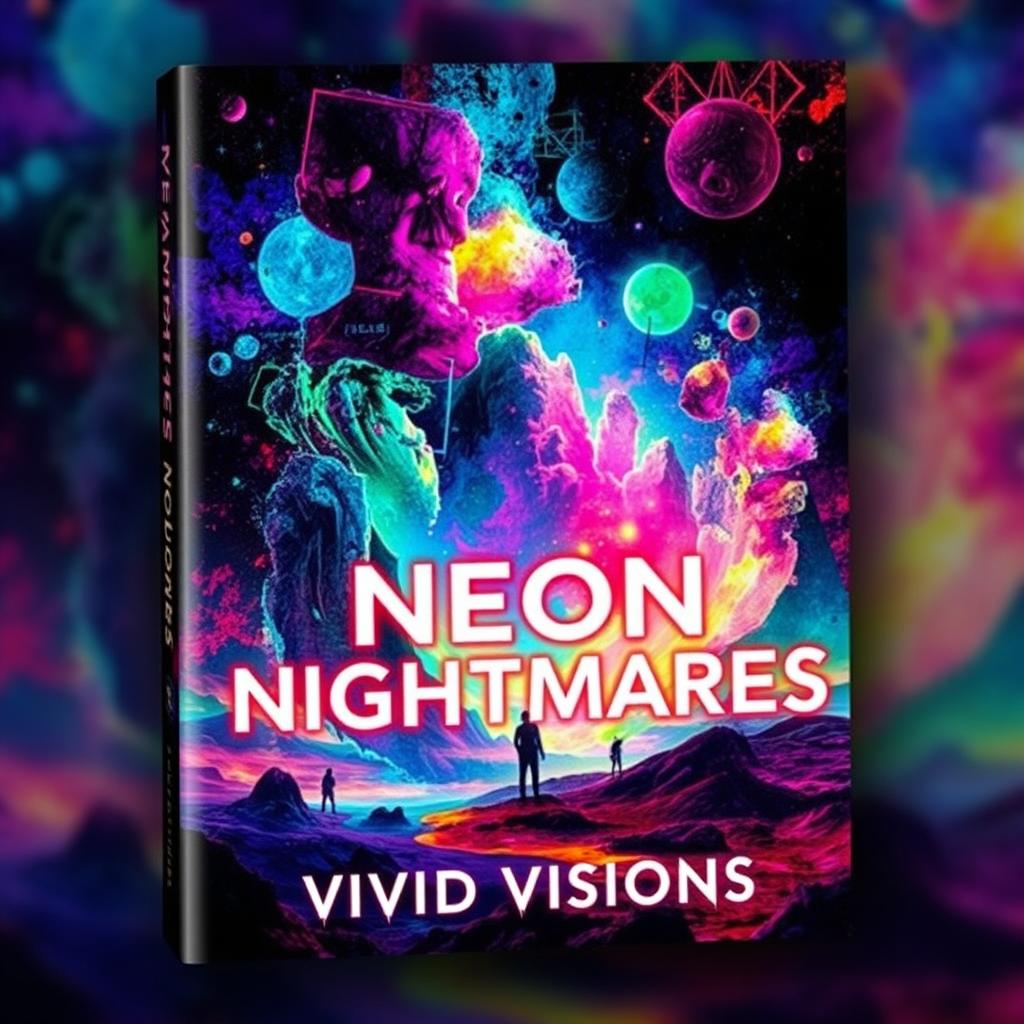 A visually striking book cover design for 'Neon Nightmares' by Vivid Visions