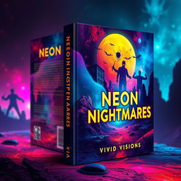 A visually striking book cover design for 'Neon Nightmares' by Vivid Visions