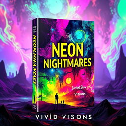 A visually striking book cover design for 'Neon Nightmares' by Vivid Visions