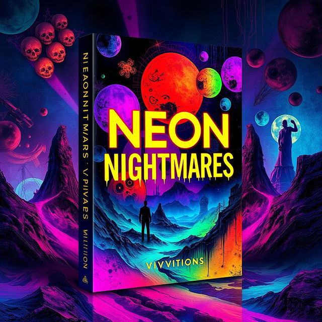 A visually striking book cover design for 'Neon Nightmares' by Vivid Visions
