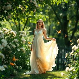 A beautiful serene garden scene, featuring a graceful young woman dressed in a flowing pastel-colored gown, surrounded by blooming flowers and soft greenery