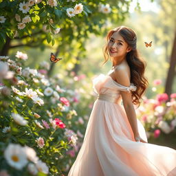 A beautiful serene garden scene, featuring a graceful young woman dressed in a flowing pastel-colored gown, surrounded by blooming flowers and soft greenery